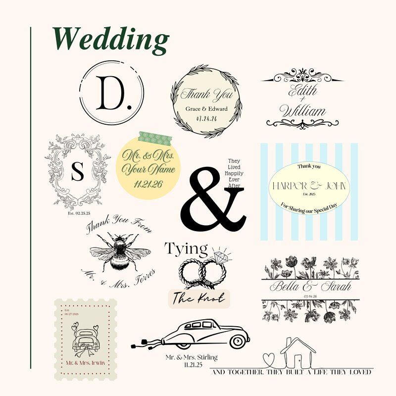 Sheet of wedding sticker designs with monograms, couple names, dates and a vintage car